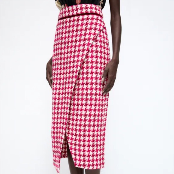 Zara TWEED TEXTURED WEAVE HOUNDSTOOTH
High-waist Midi Skirt Front Slit Pink NEW - Picture 9 of 16